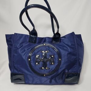 Tory Burch Ella Nylon Tote Navy Blue Patent Trim Logo Large Shoulder Bag Purse